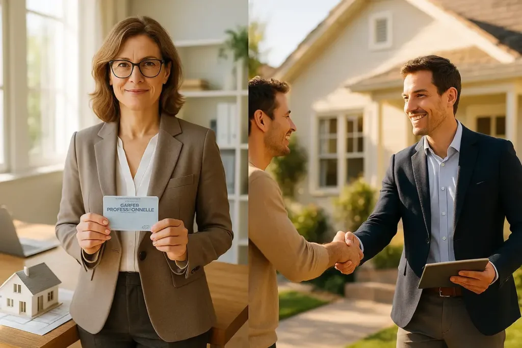 Agent immobilier et négociateur échangent autour d’un dossier, pour introduire la différence entre leurs rôles et leurs prérogatives.
