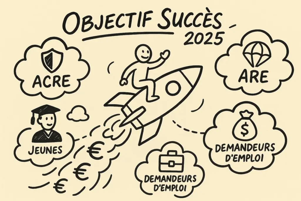 Illustration des aides à la création d’entreprise, mentionnant l’ACRE, l’ARE, les jeunes et les demandeurs d’emploi.