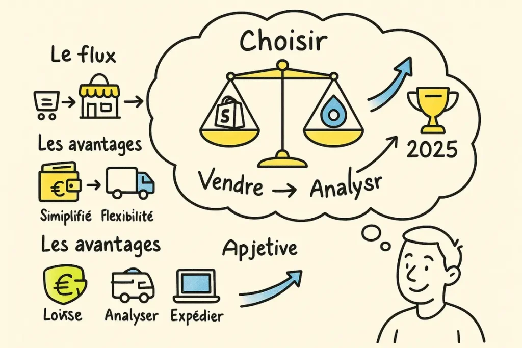 Illustration du choix d’une plateforme de dropshipping, avec les étapes de vente, d’analyse et d’expédition.