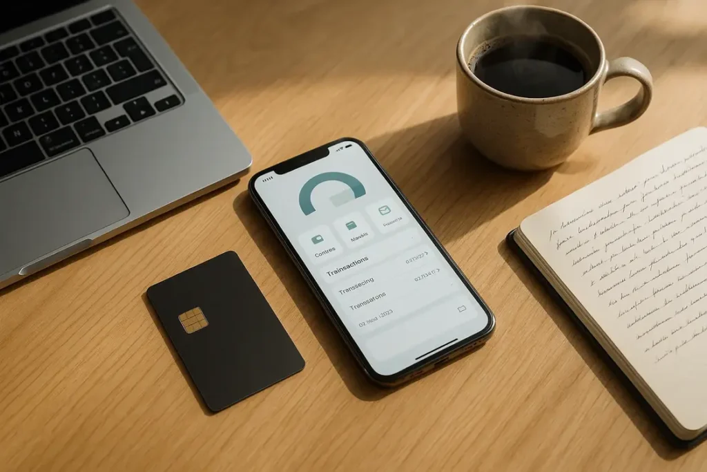 Un indépendant consulte son compte bancaire sur smartphone dans une situation de travail ordinaire, sans garantie de gratuité pour tous les usages.