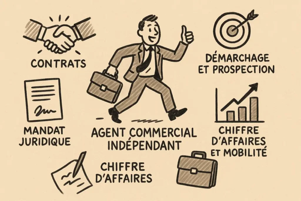 Illustration du métier d’agent commercial indépendant : contrats, mandat, prospection, chiffre d’affaires et déplacements.