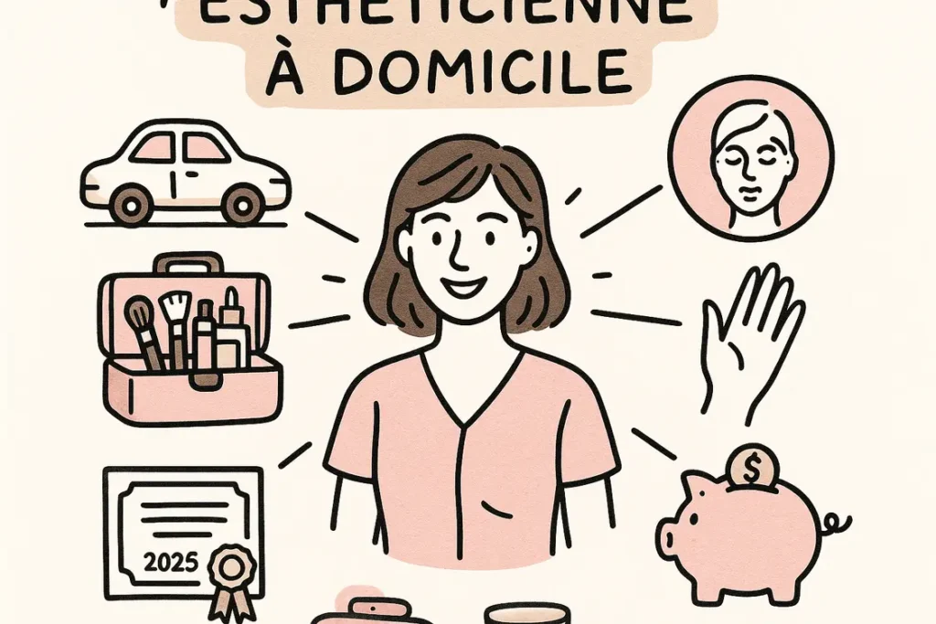 Illustration d’une esthéticienne à domicile entourée de matériel de soins, d’une voiture, d’un certificat et d’une tirelire.