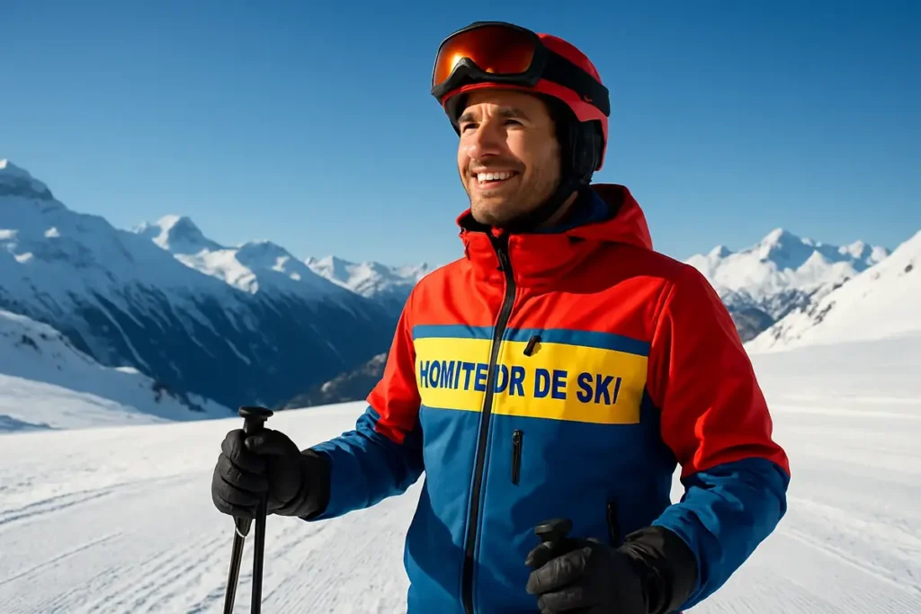 Moniteur de ski expliquant une posture à un élève adulte : un aperçu du métier d’enseignement abordé dans ce guide.