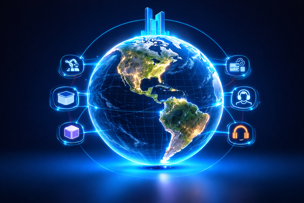 Globe lumineux entouré de symboles du commerce, de la livraison et du service client.