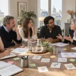 Cinq collègues échangent autour d’une table lors d’un atelier de cohésion, dans une pièce lumineuse avec vue sur les toits de Paris.