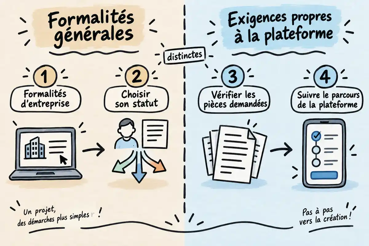 Infographie en quatre étapes sur fond beige et bleu : formalités d’entreprise, choix du statut, vérification des pièces demandées et suivi du parcours de la plateforme, avec des pictogrammes d’ordinateur, de documents et de smartphone.