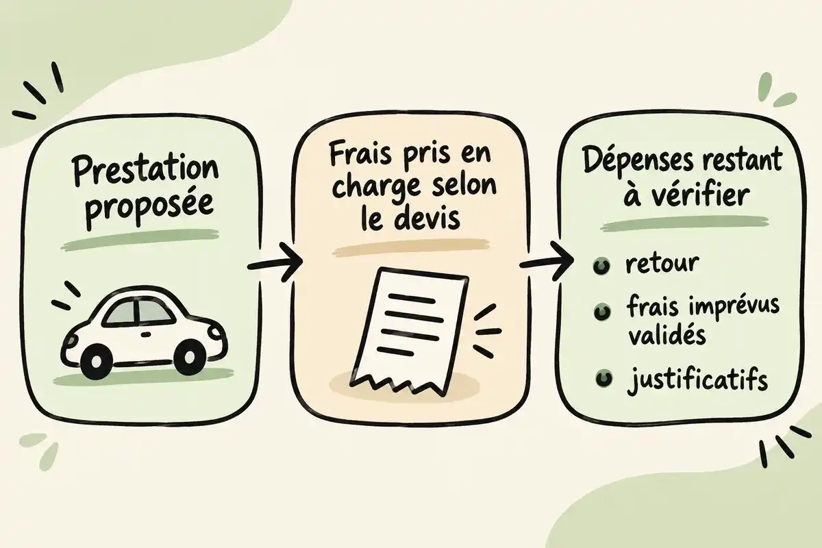 Schéma en trois blocs reliés par des flèches : prestation proposée avec une voiture, frais pris en charge selon le devis avec un reçu, puis dépenses restant à vérifier avec une liste de trois éléments.