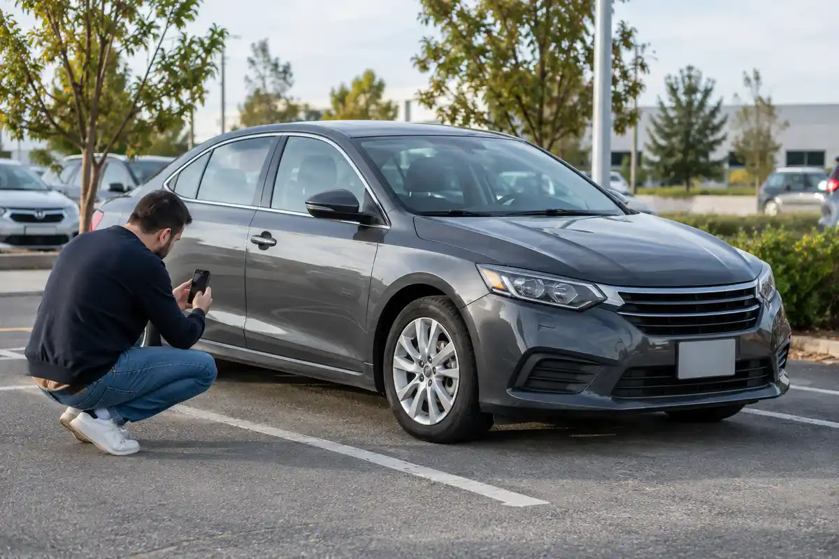 Un homme accroupi photographie avec son smartphone le côté d’une berline grise garée sur un parking.