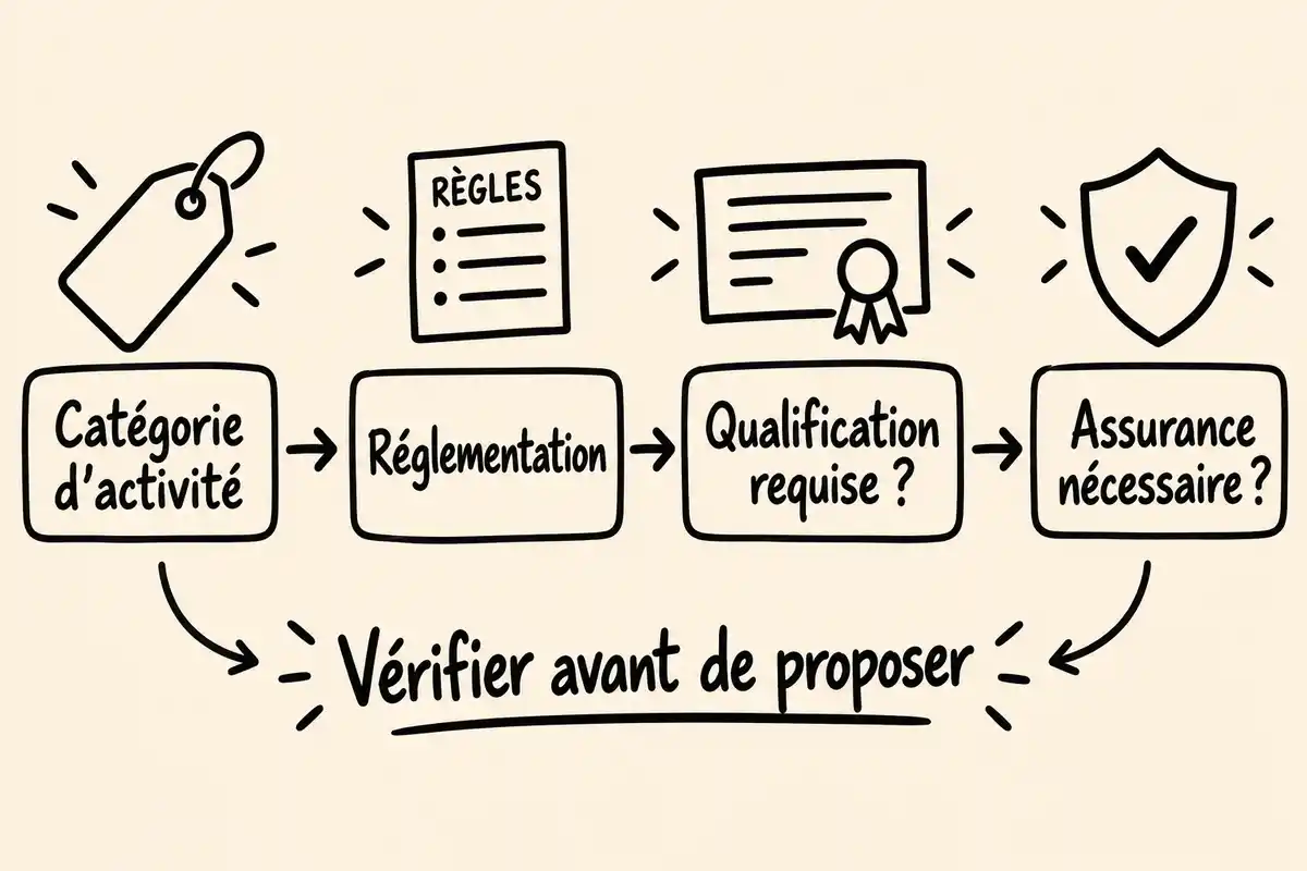 Parcours de vérification d’une prestation multiservices en quatre étapes, de la catégorie d’activité à l’assurance nécessaire, avec de petites icônes et la consigne de vérifier avant de proposer.