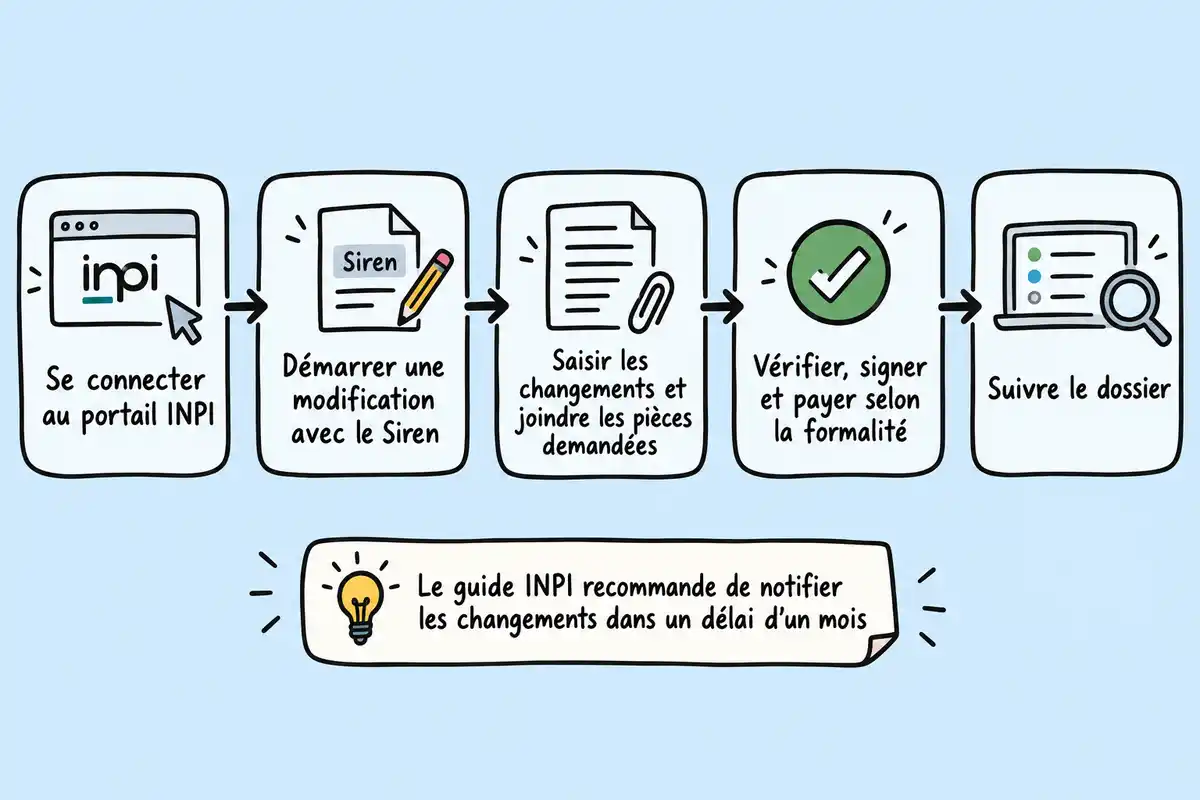 Parcours en cinq étapes pour modifier un dossier sur le portail INPI, de la connexion au suivi, avec une note recommandant de notifier les changements dans un délai d’un mois.