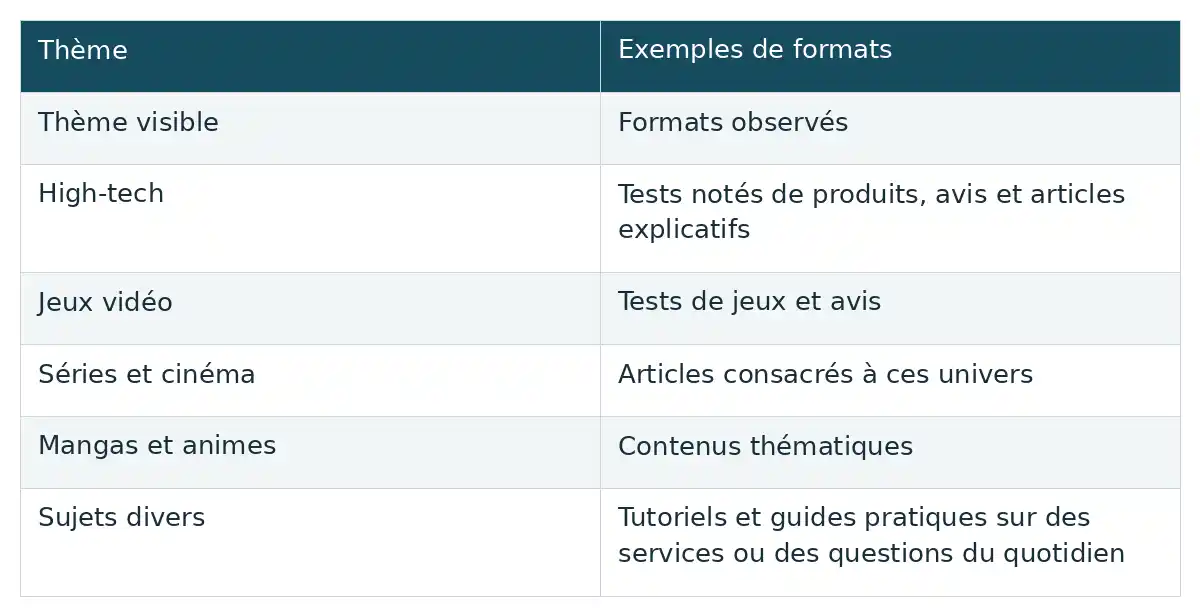Du high-tech aux sujets pratiques, le tableau associe chaque thème visible aux formats observés, comme les tests, avis et tutoriels.