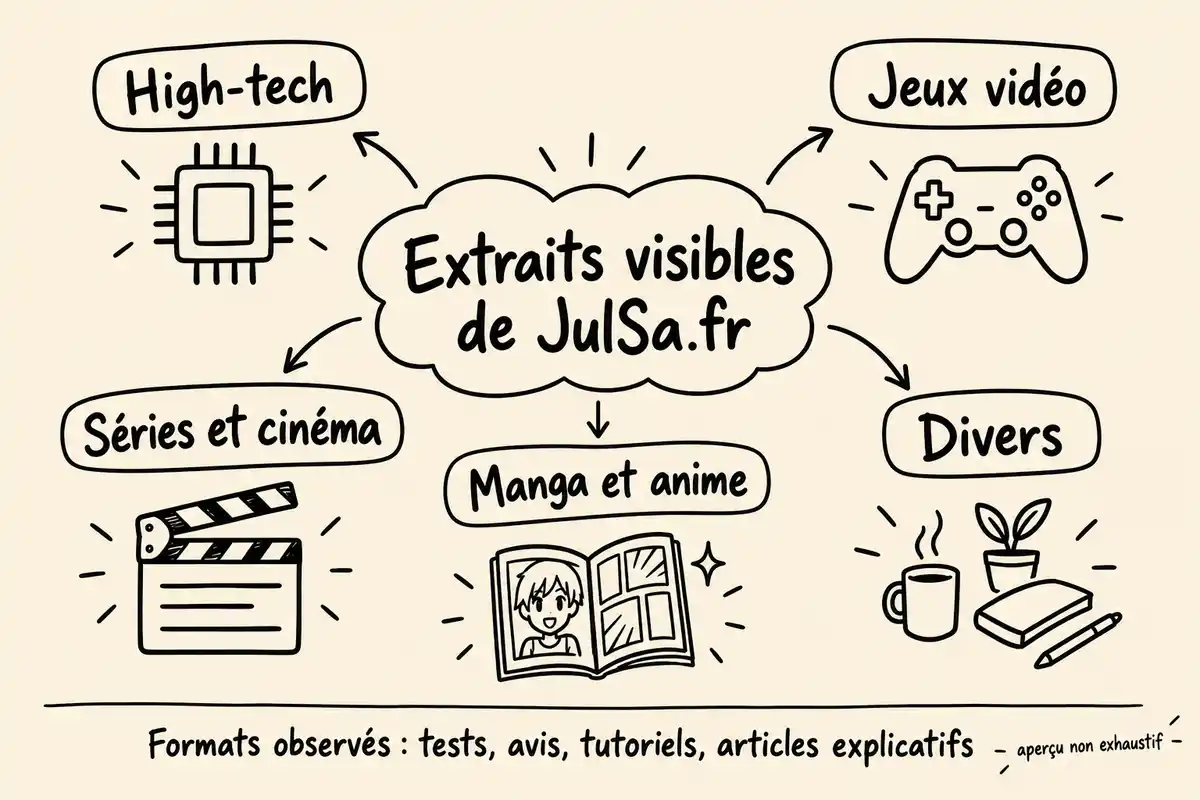 Les extraits visibles de JulSa.fr associent high-tech, jeux vidéo, séries, mangas et sujets divers à des tests, avis, tutoriels ou explications.