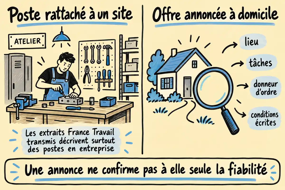 Le lieu et les tâches aident à distinguer un poste en atelier d’une mission annoncée à domicile, dont les modalités restent à vérifier.