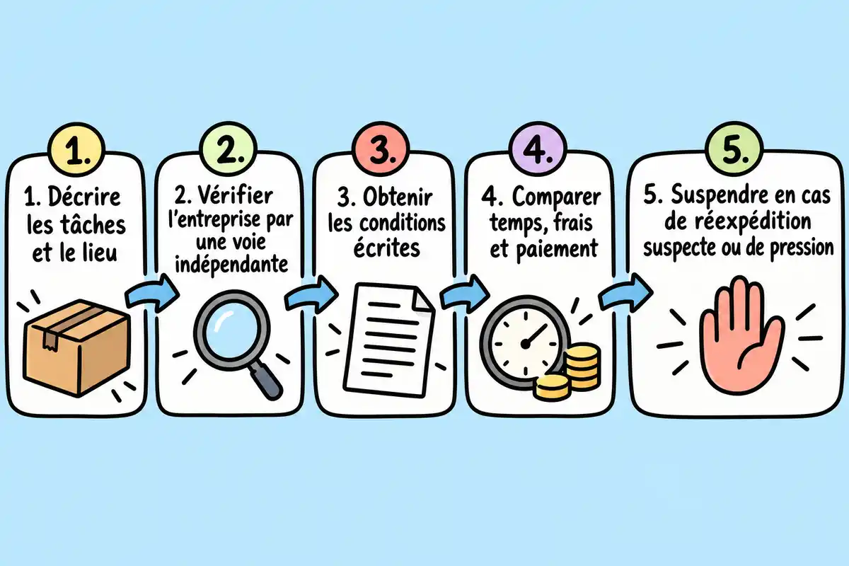 Avant d’accepter une mission, vérifier les tâches, l’entreprise et les conditions, puis suspendre en cas de pression ou de réexpédition suspecte.