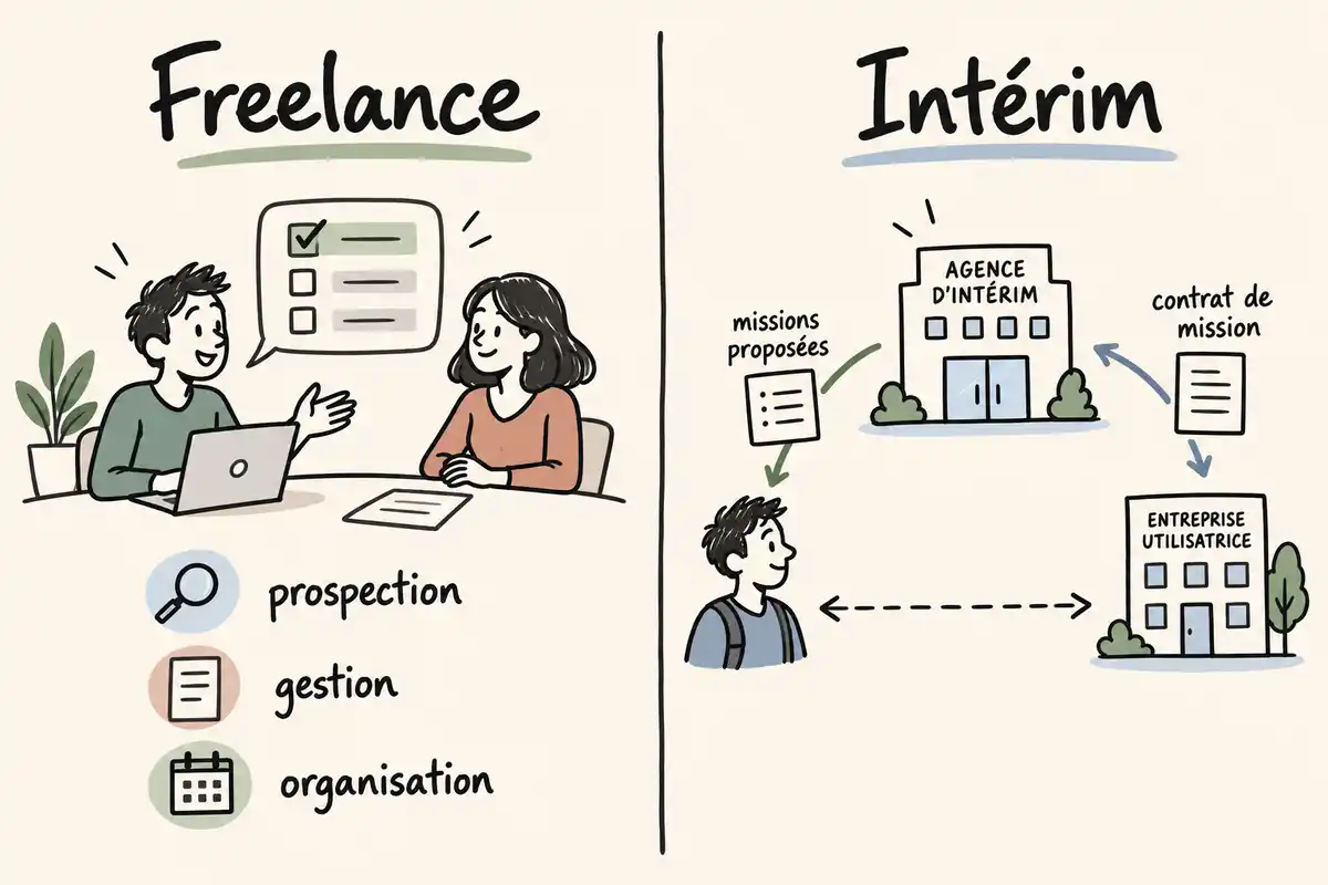 Le freelance prospecte et s’organise avec son client ; en intérim, l’agence relie le salarié à l’entreprise d’accueil pour des missions temporaires.