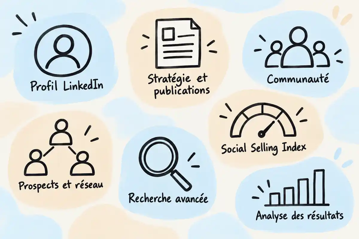 Les thèmes annoncés couvrent profil, publications, communauté, prospection, recherche avancée, indice de vente sociale et analyse, sans ordre confirmé.