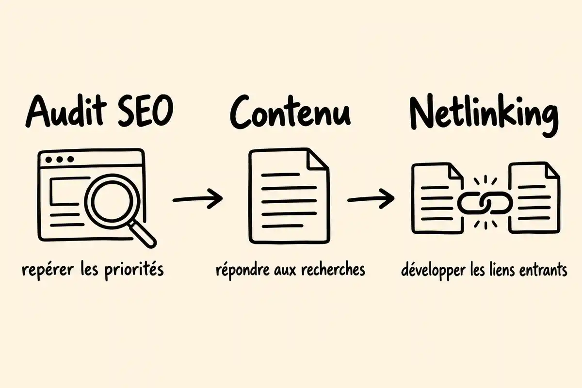 Audit, contenu et netlinking se complètent pour repérer les priorités SEO, répondre aux recherches et développer les liens entrants.