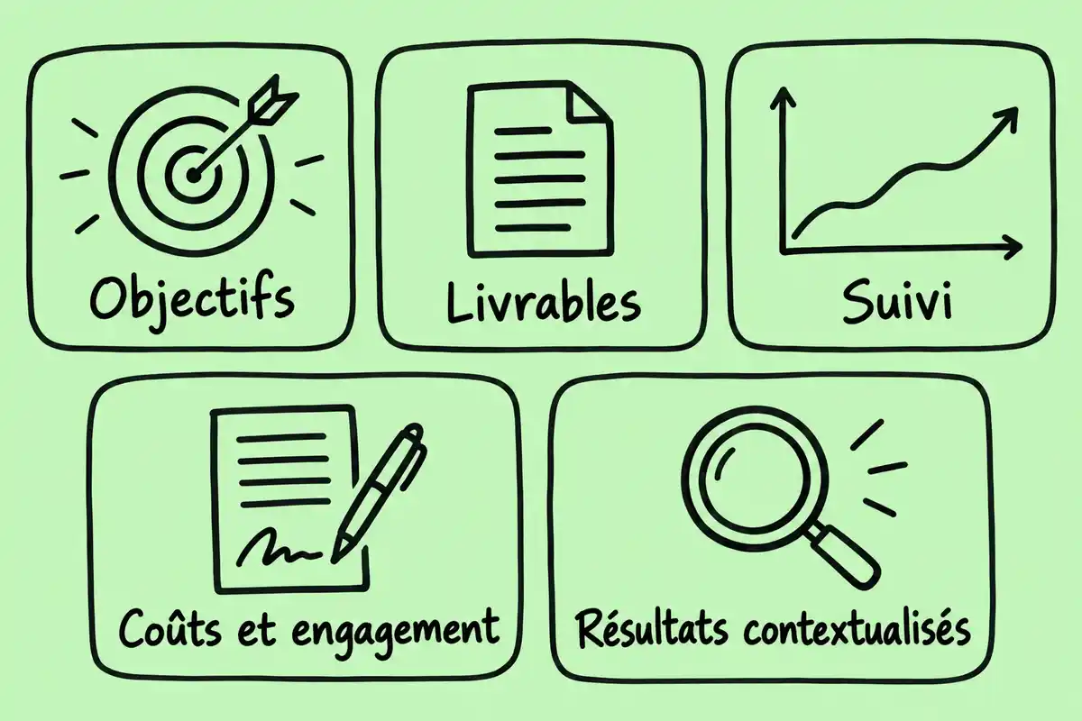 Objectifs, livrables, suivi, coûts et résultats contextualisés fournissent des repères pour comparer une proposition d’accompagnement SEO.