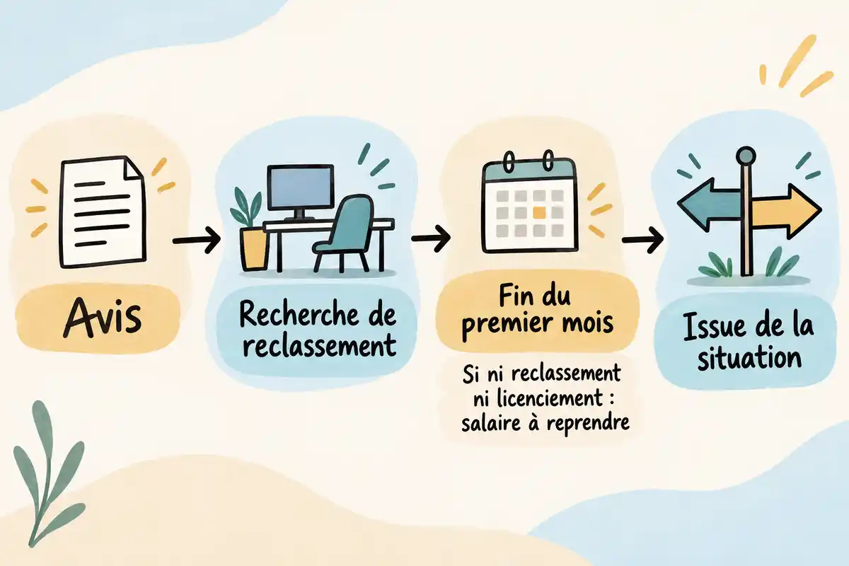 Le parcours relie l’avis à la recherche de reclassement et à l’issue de la situation, avec un point de vigilance sur le salaire après un mois.