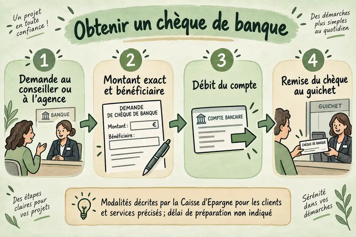 Infographie dessinée présentant en quatre étapes l’obtention d’un chèque de banque, de la demande en agence à la remise au guichet.