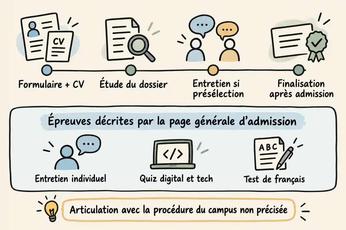 Infographie dessinée à la main sur le parcours d’admission : quatre étapes en haut, trois épreuves décrites par la page générale d’admission au centre, et une note indiquant que le lien avec la procédure du campus n’est pas précisé.