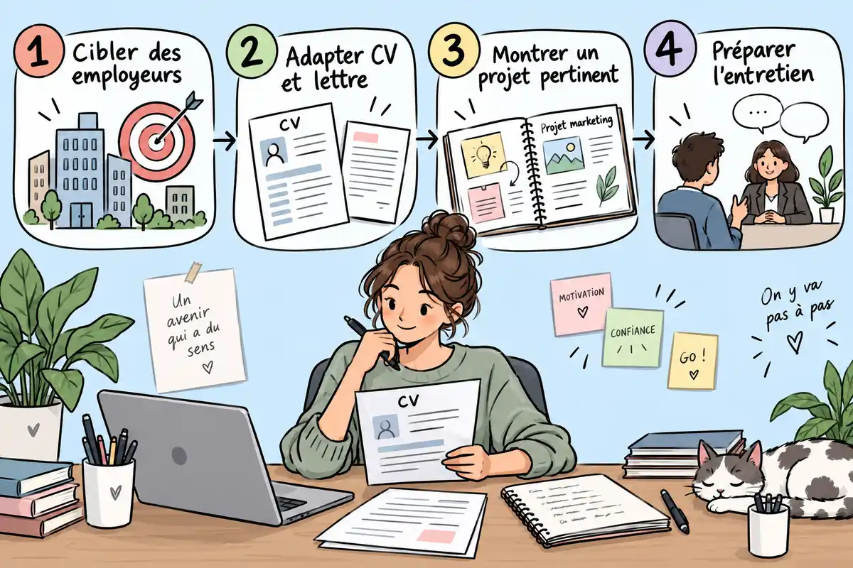 Infographie dessinée à la main sur la préparation à l’emploi : quatre étapes, d’identifier des employeurs à préparer un entretien, entourent une personne qui relit son CV à un bureau.