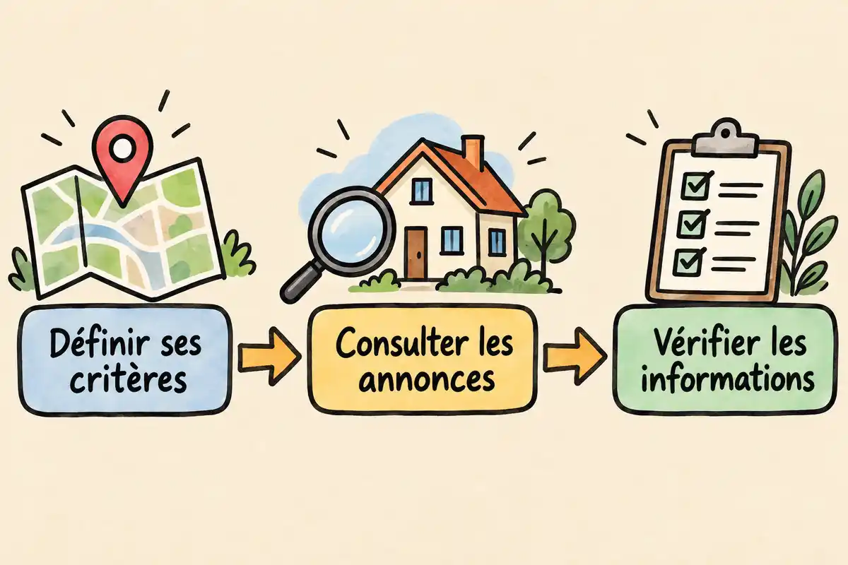Schéma en trois étapes : une carte avec un repère pour définir ses critères, une maison et une loupe pour consulter les annonces, puis une liste à cocher pour vérifier les informations.