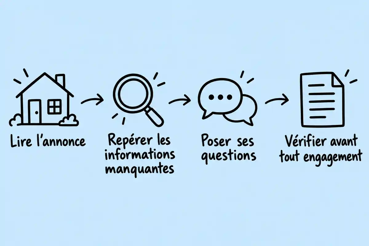 Infographie en quatre étapes, de gauche à droite : lire l’annonce, repérer les informations manquantes, poser ses questions et vérifier avant tout engagement, avec des icônes de maison, loupe, dialogue et document.