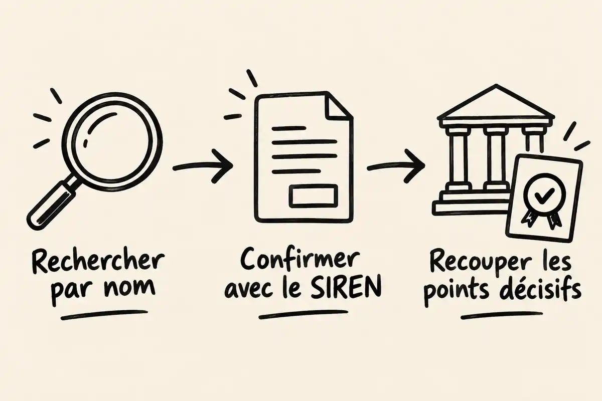 Schéma au marqueur montrant trois étapes reliées par des flèches : rechercher par nom avec une loupe, confirmer avec le SIREN sur une fiche, puis recouper les points décisifs auprès de sources officielles.