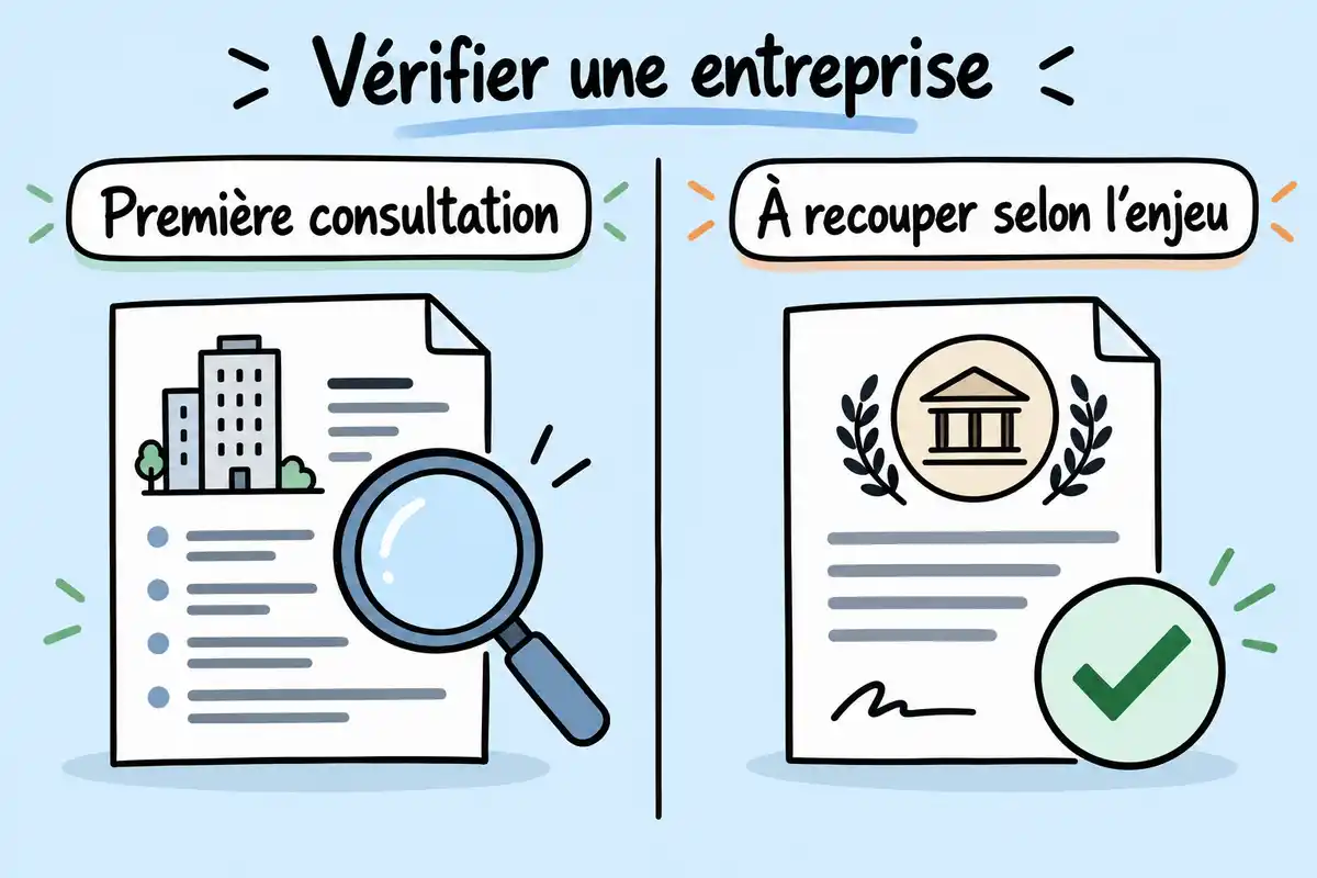 Infographie dessinée en deux colonnes : une fiche d’entreprise examinée à la loupe, puis un document officiel accompagné d’une coche verte.